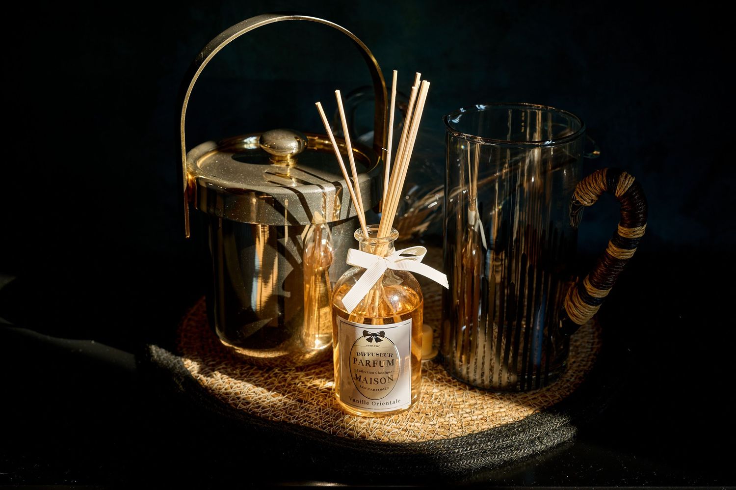 Vintage glass bottles and jars illuminated by warm candlelight create a moody, rustic atmosphere.