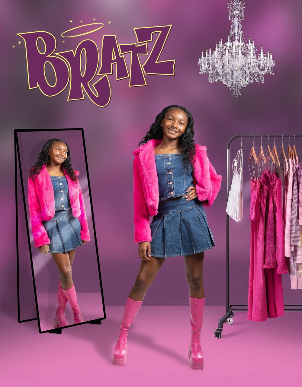 Fashion photo series featuring bright pink and denim outfits against a purple backdrop.