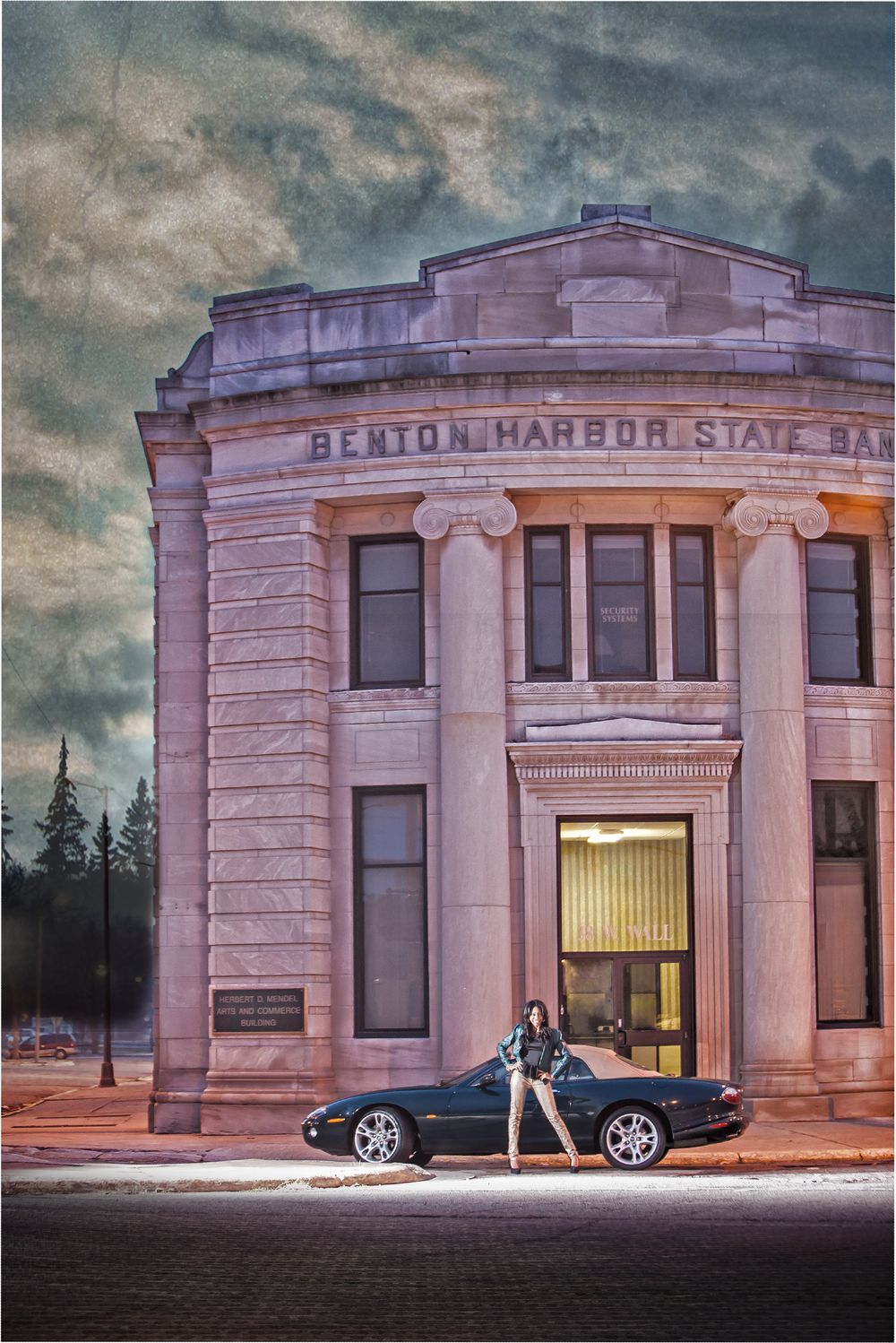Historic Benton Harbor State Bank building exterior with classic architecture and vintage car.