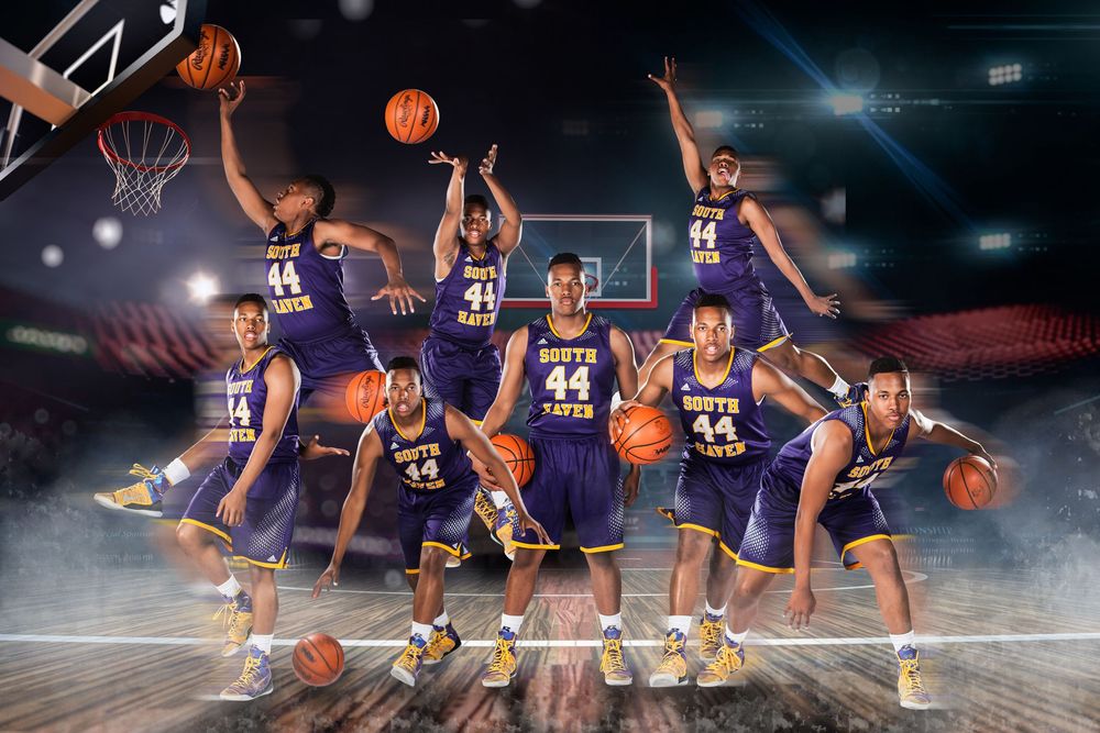 Dynamic basketball action sequence showing multiple players in motion on court.