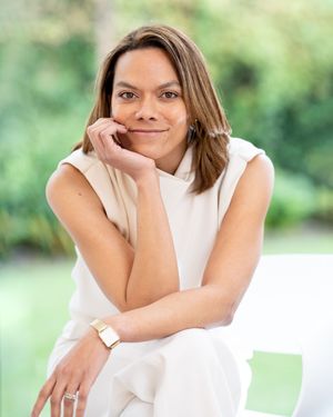 Portrait series showing playful expressions in white sleeveless top against green background.