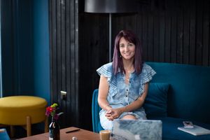 A series of photos showing someone in a denim shirt sitting at a table in what appears to be a modern office space.