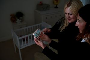 A sequence of photos showing someone reading a book to a child in a cozy bedroom setting.