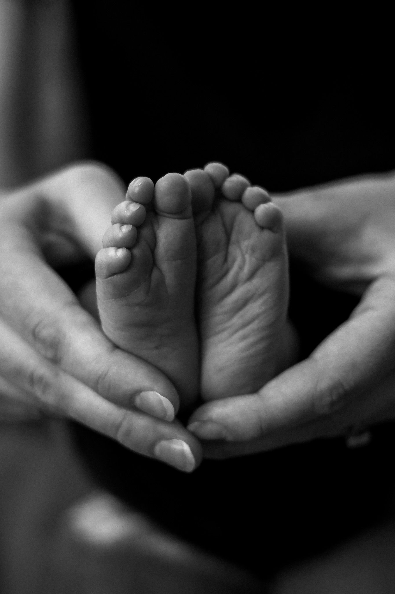 Black and white photo series of gentle hands cradling tiny baby feet.