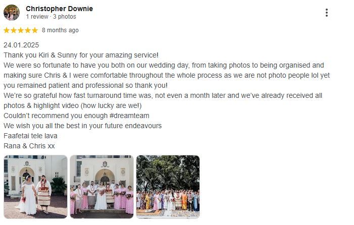 A series of wedding photographs displayed in a social media review post showing church and reception venue scenes.