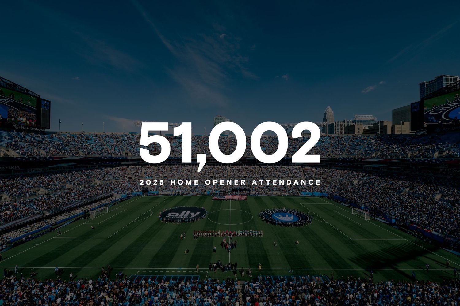 Charlotte FC 2025 home opener attendance graphic displaying 51,002 fans at Bank of America Stadium.