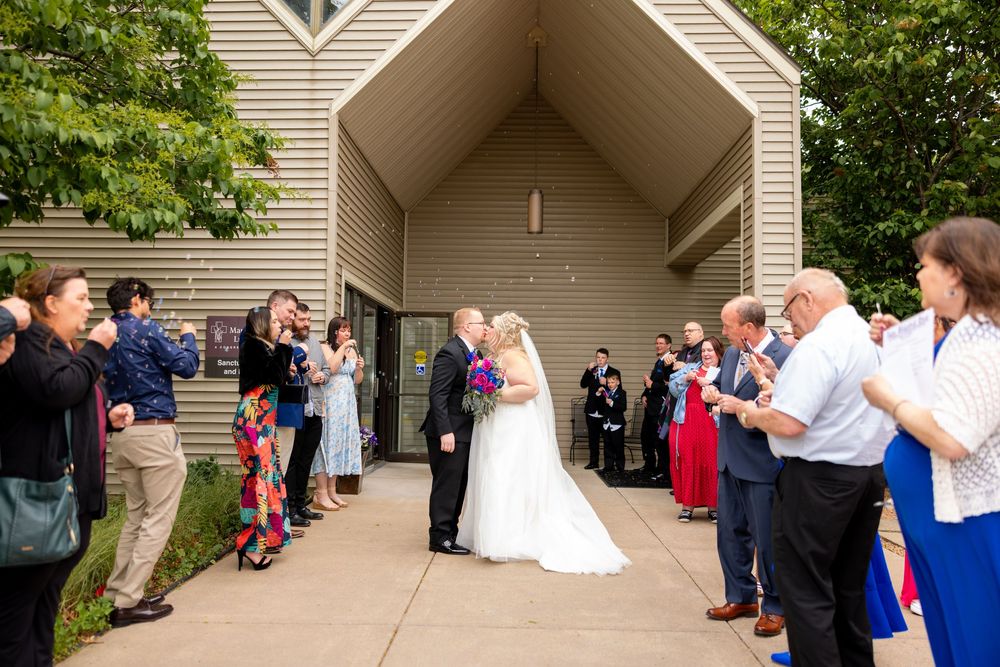 A series of wedding photos showing guests gathered at an outdoor venue with beige siding and lush greenery.