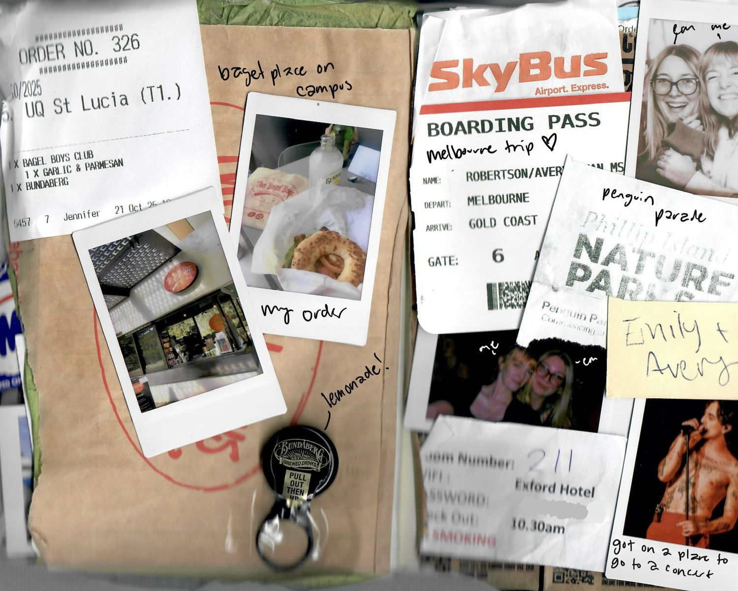 A collage of polaroid photos and notes arranged on a wall creating a personal memory board display.
