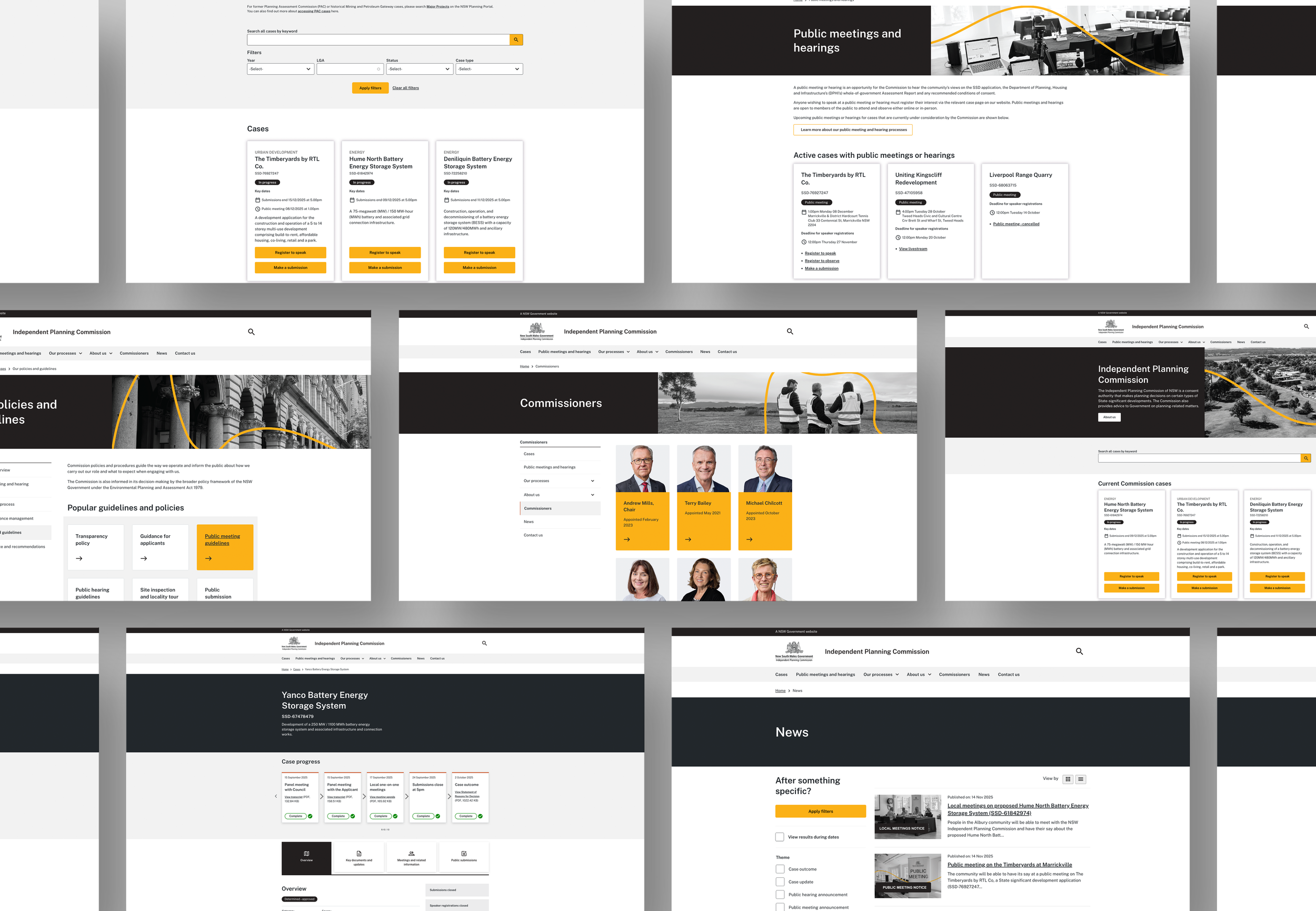 A series of minimalist website wireframe mockups with black and white layouts showing navigation and content blocks.