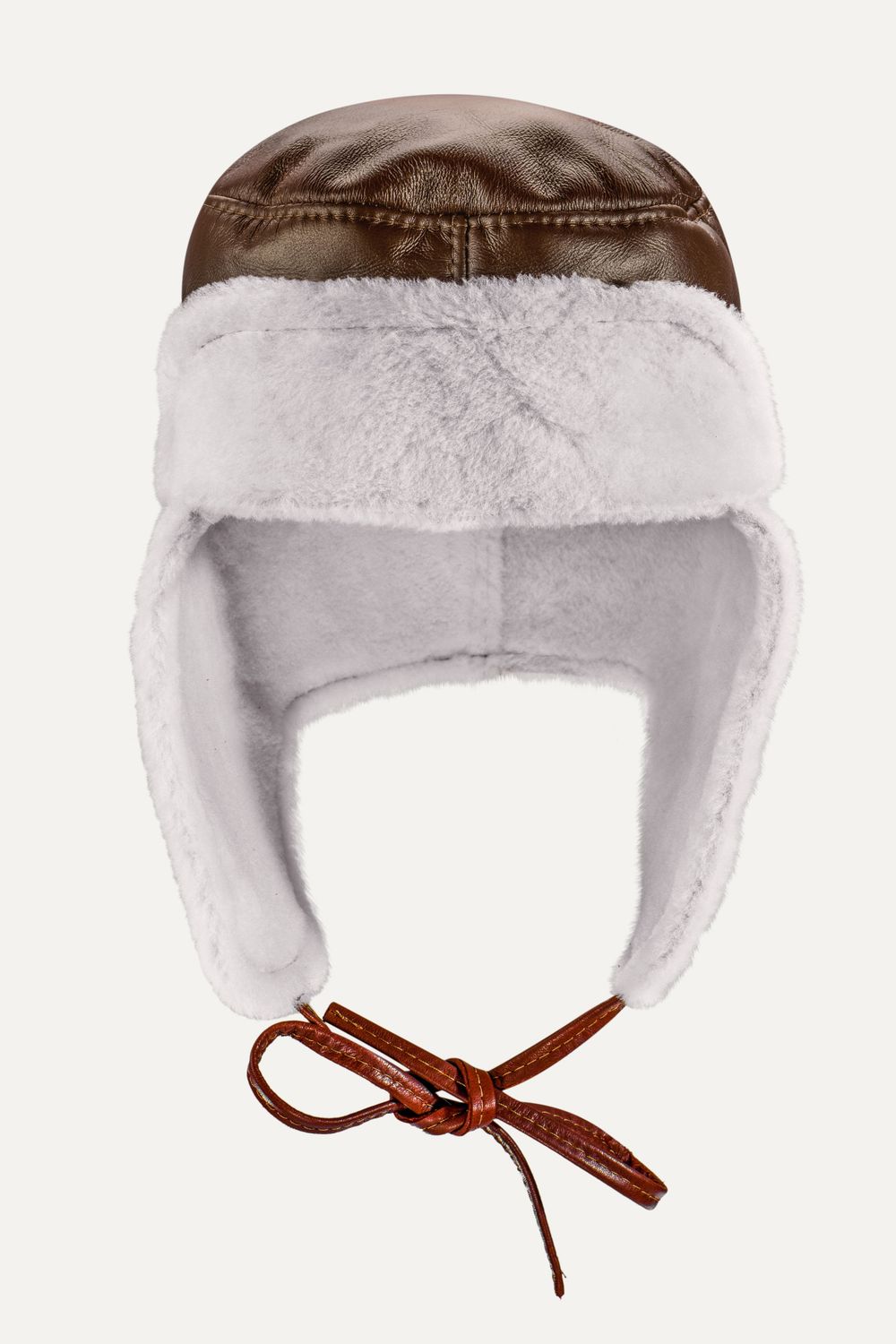 Five views of a brown leather winter aviator hat with white fur lining and ear flaps shown from different angles.