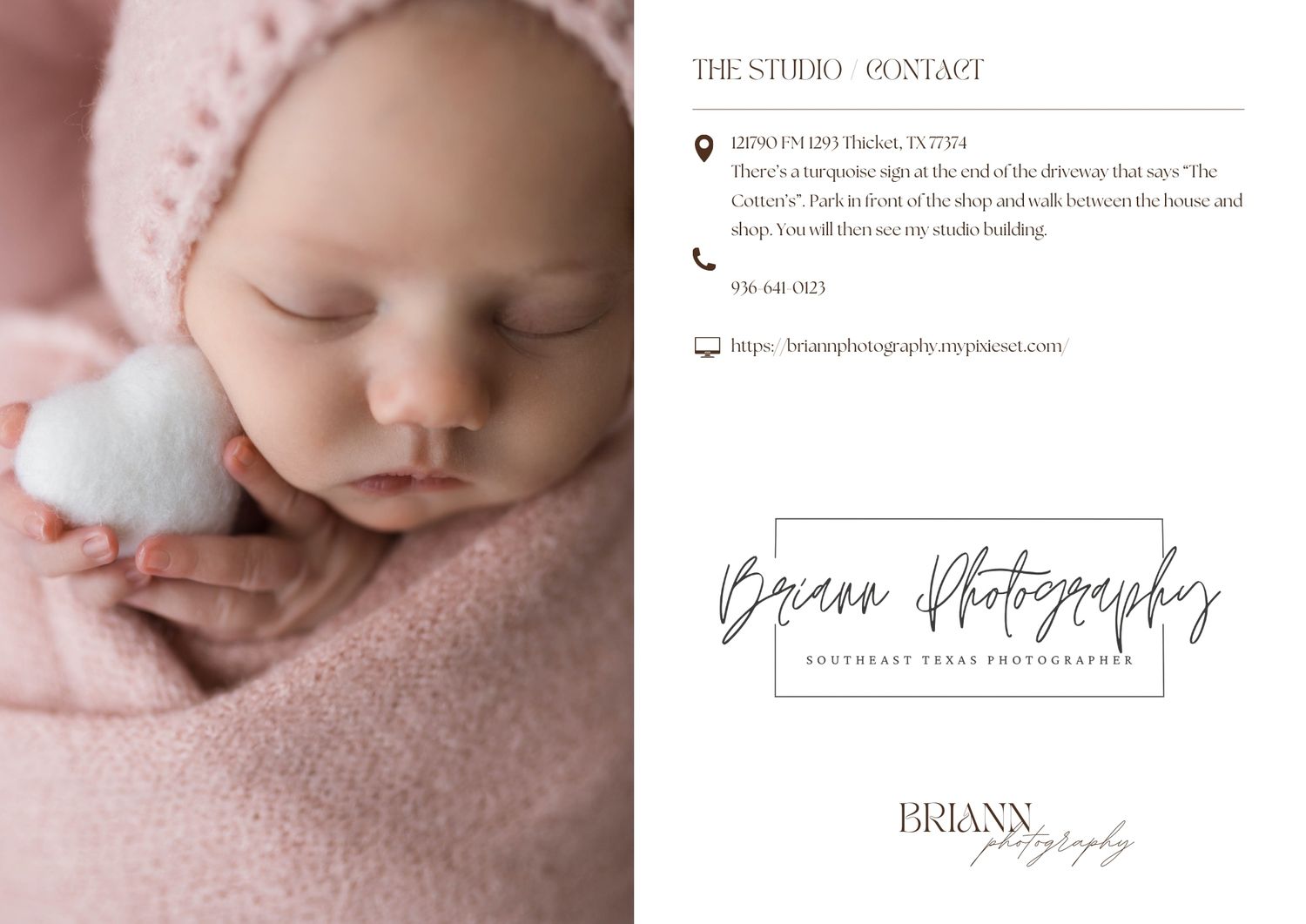 Peaceful newborn baby resting on soft pink fabric with business contact information displayed.