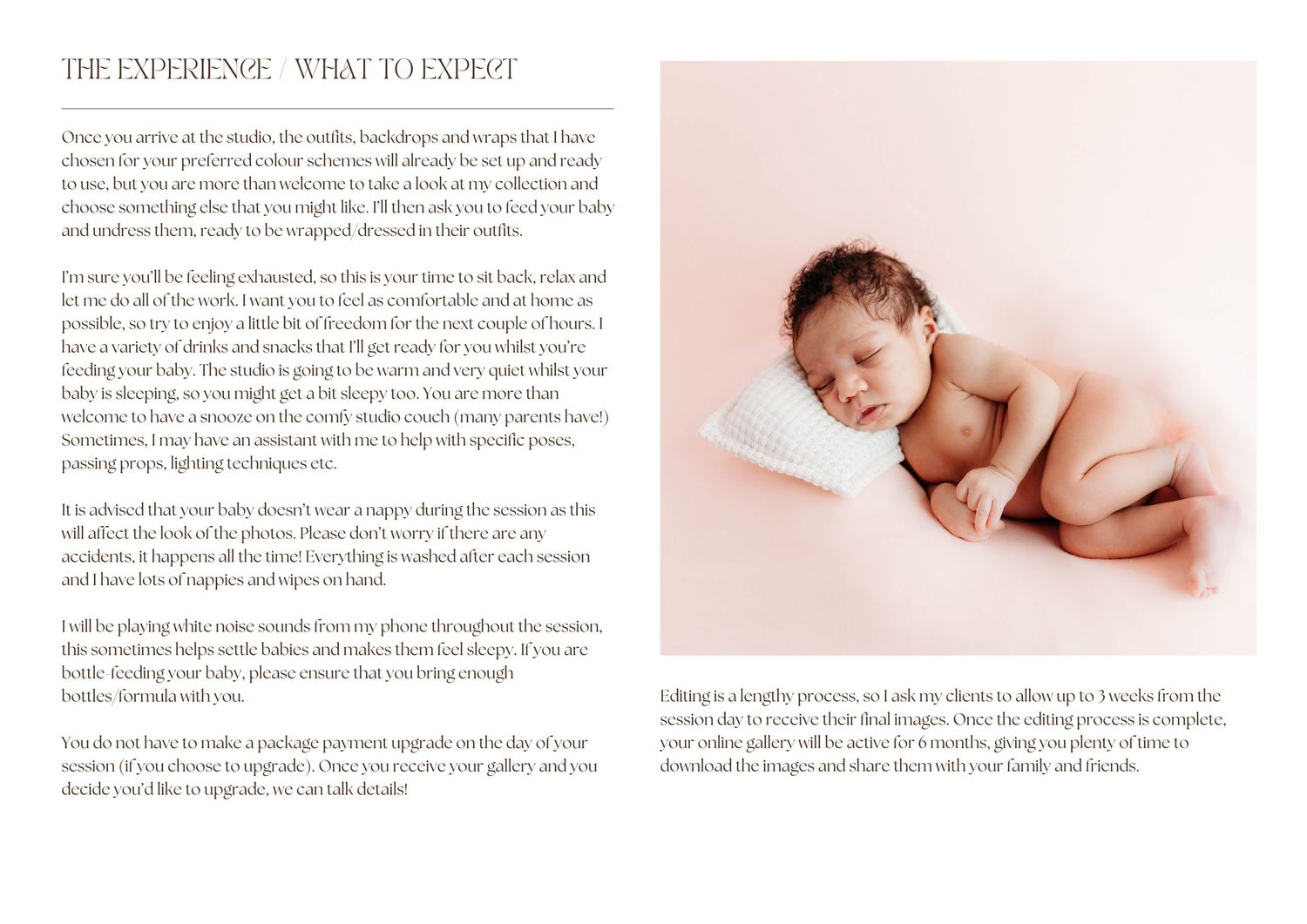 Professional newborn photography guide book spread with sleeping baby image.