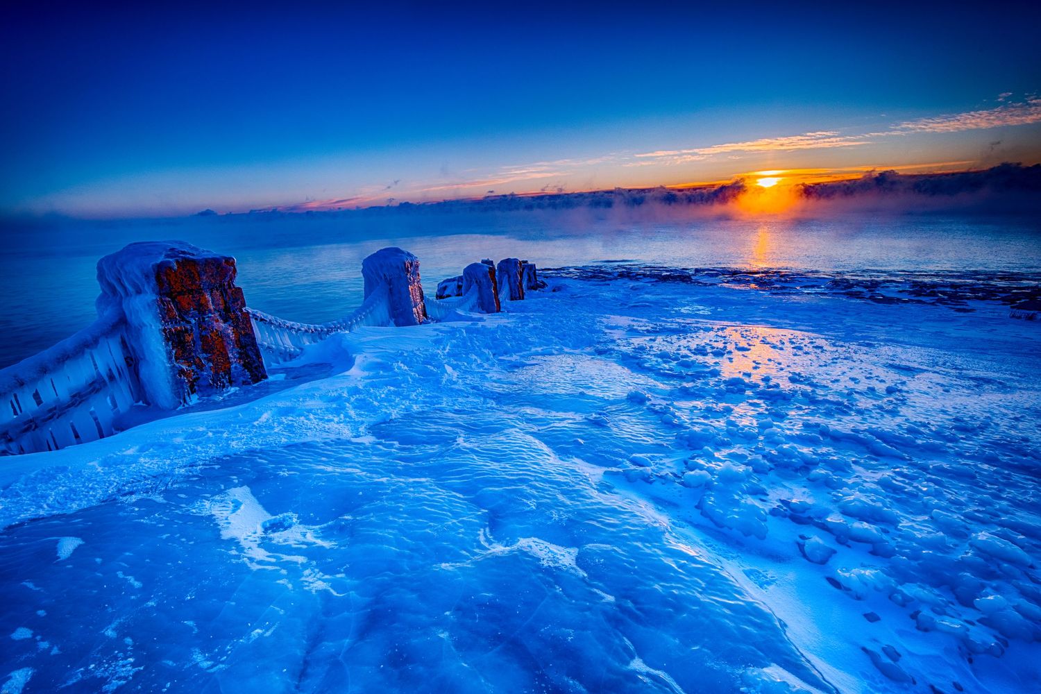 Sunrise at -40 below Zero in Goose Berry State Park by the WPA chains protecting visitors from falling into the water