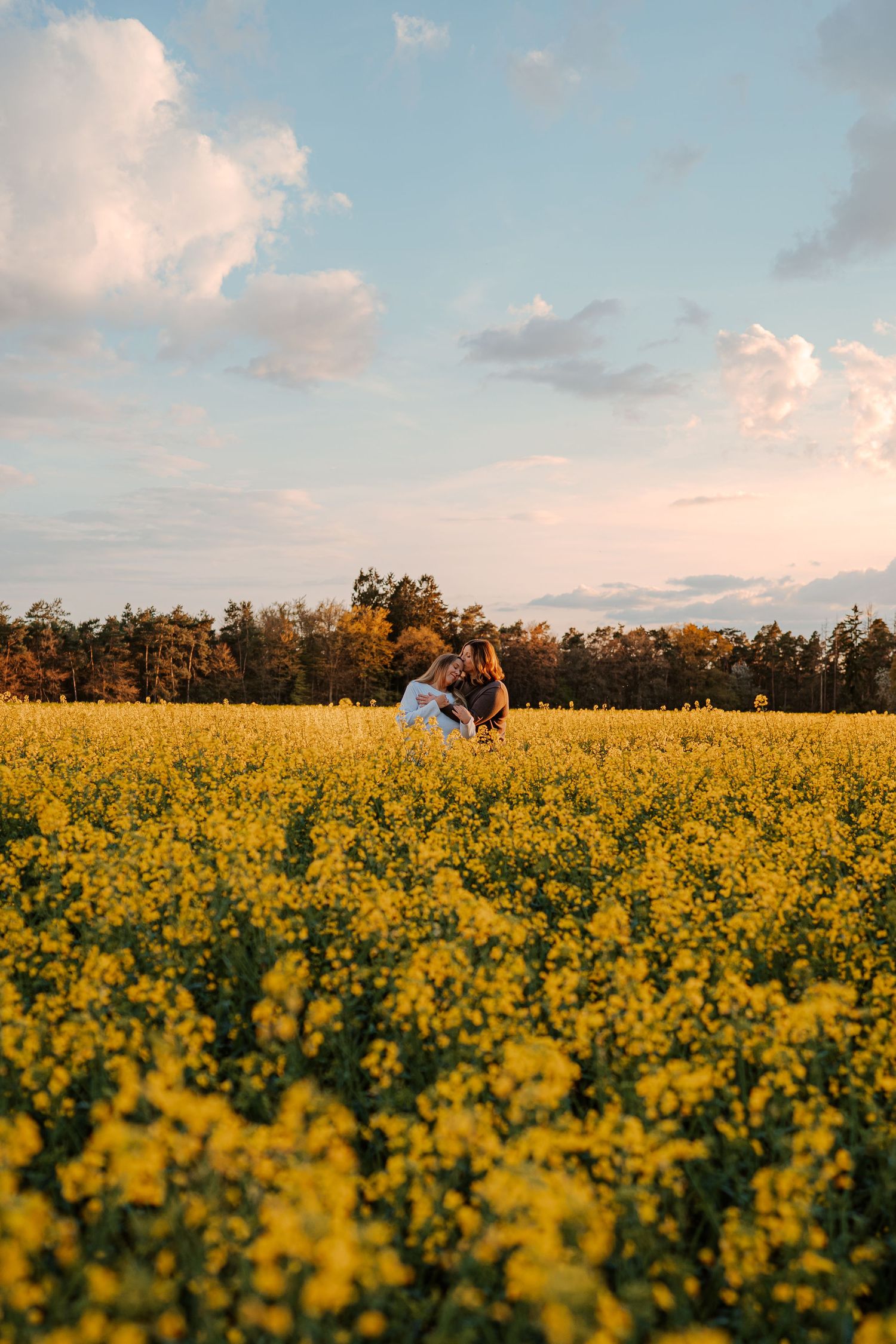 Couple embracing in a vast yellow rapeseed field at golden hour with trees and clouds in background.
