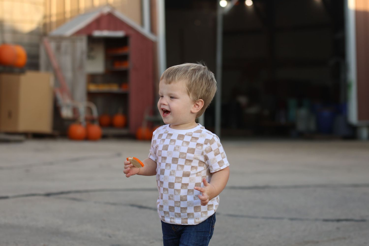 Child in checkered shirt laughing outdoors at dusk.