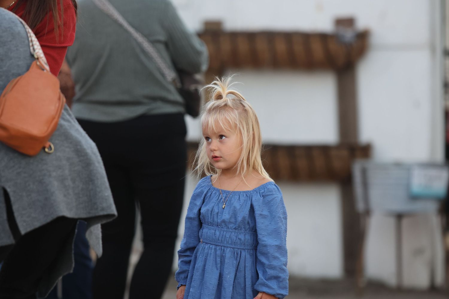 A child in a blue dress stands among a group of people at an outdoor event.