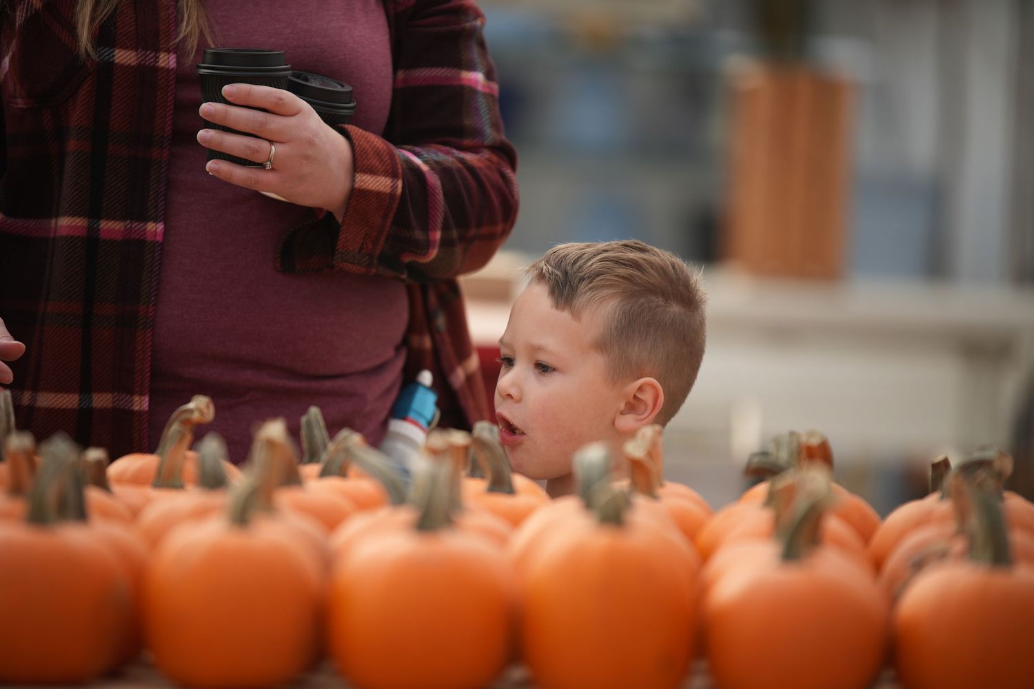 Children gathered around a table with bright orange pumpkins during a fall activity.