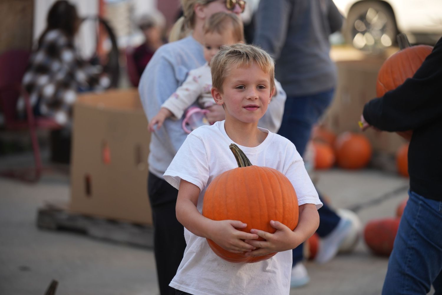 Young children selecting pumpkins from a display during an autumn event.