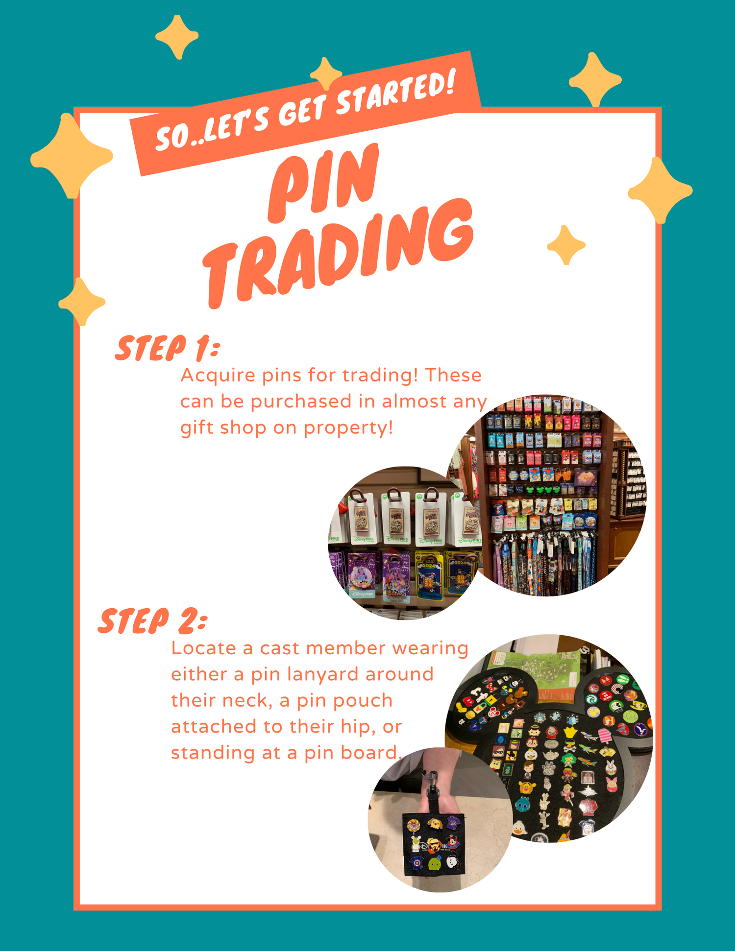 Step-by-step instructions for starting pin trading at Disney with photos of pin displays.