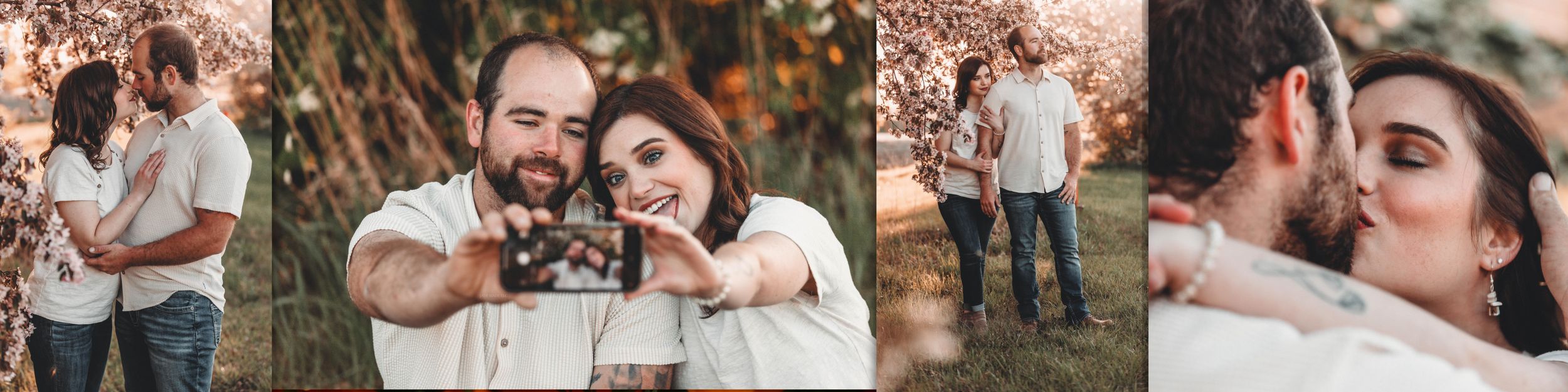 Couple embracing in a romantic outdoor photoshoot against an autumn forest backdrop.