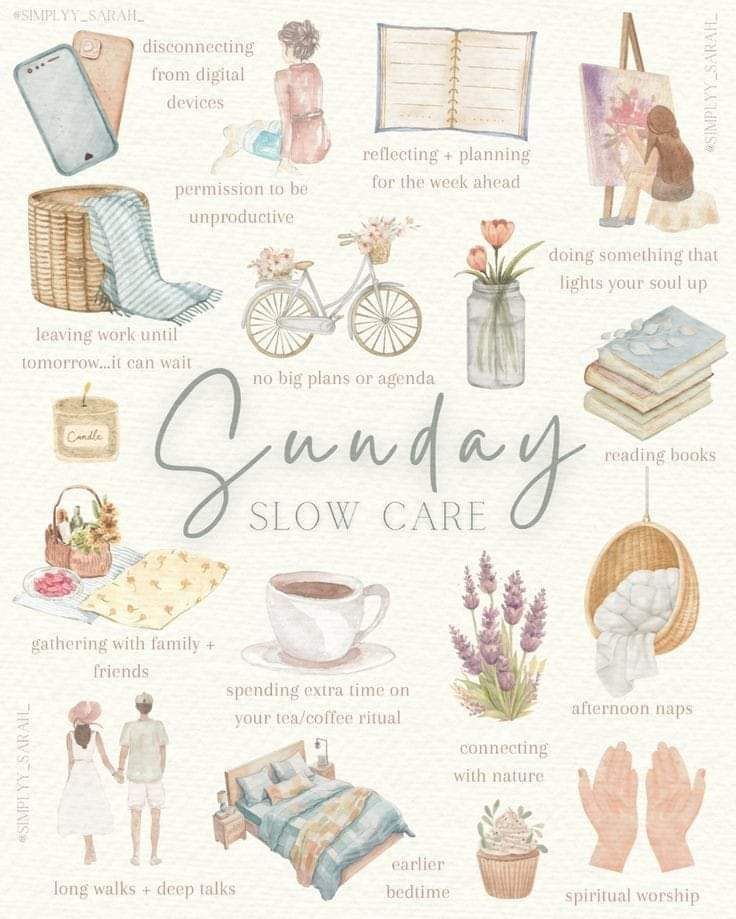 Watercolor illustration of cozy evening essentials including books, tea, blanket, and electronics in a whimsical starry layout.