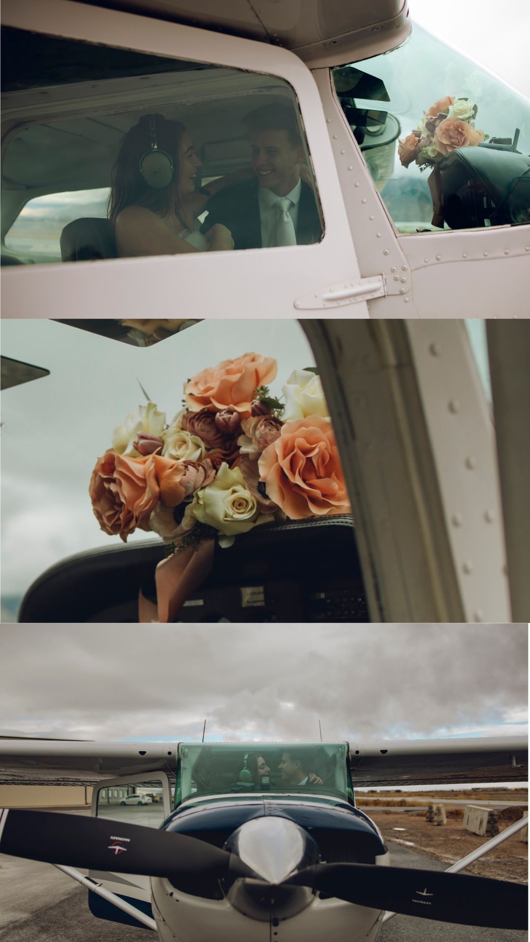 all day elopement timeline example. couple do first look at an airfield in front of a personal aircraft ontario, quebec photographer