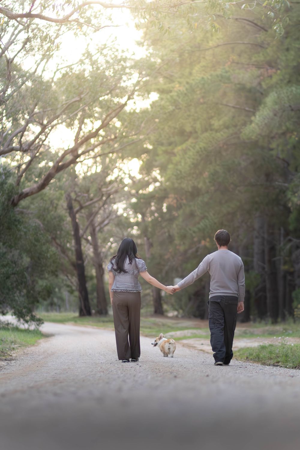 Couple holding hands walking dog down a tree-lined path in a serene park during golden hour.