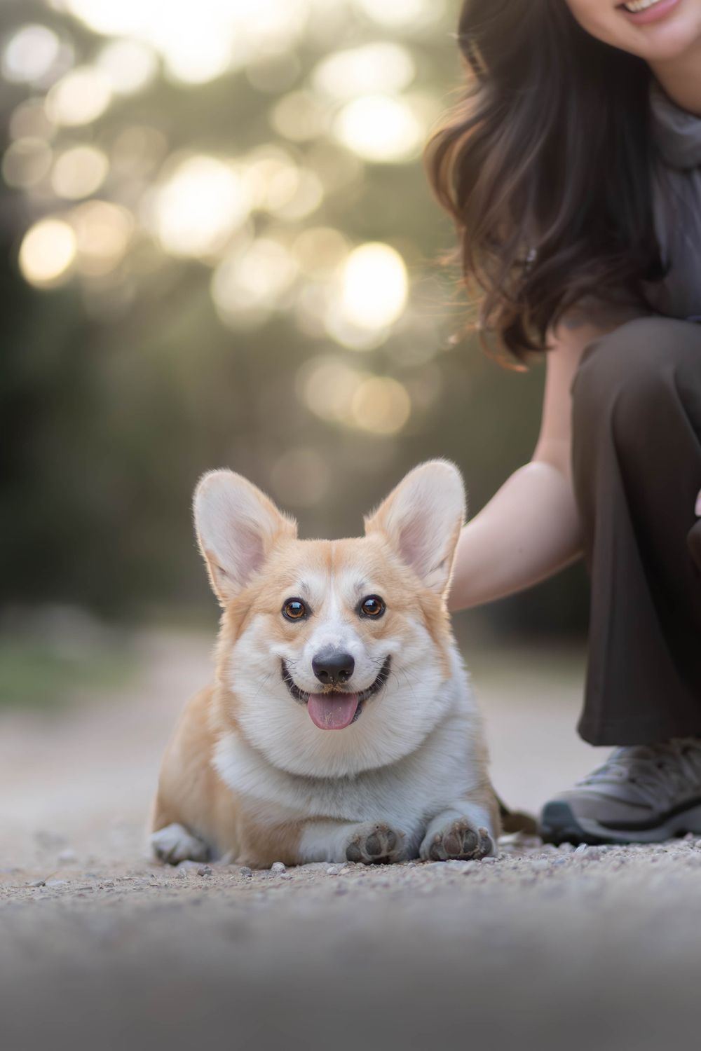 A happy Corgi dog lying on a gravel path, smiling with tongue out, while a woman crouches beside it outdoors.