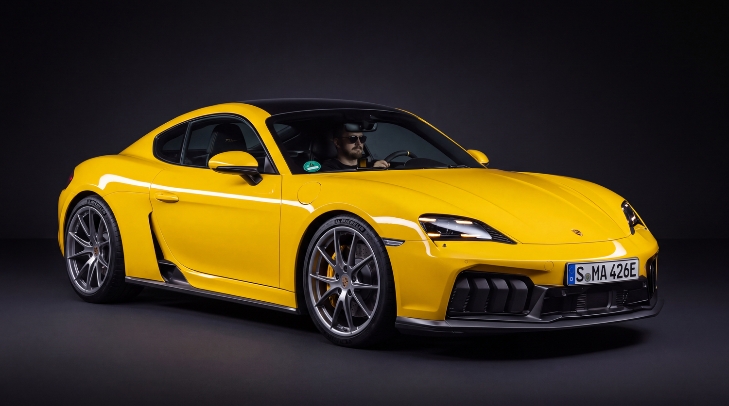 Yellow Porsche sports car driving on a green race track with a magazine cover inset showing similar vehicles.