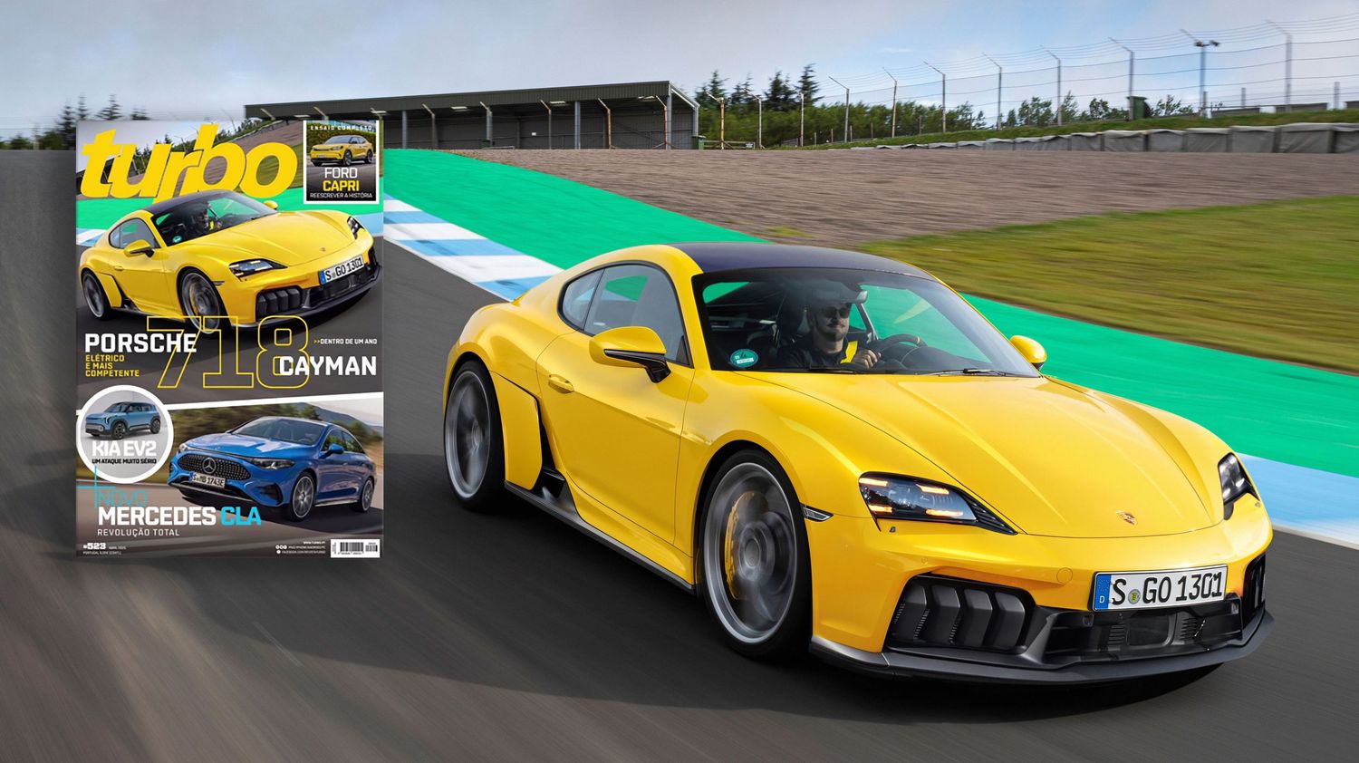 Yellow Porsche sports car driving on a green race track with a magazine cover inset showing similar vehicles.