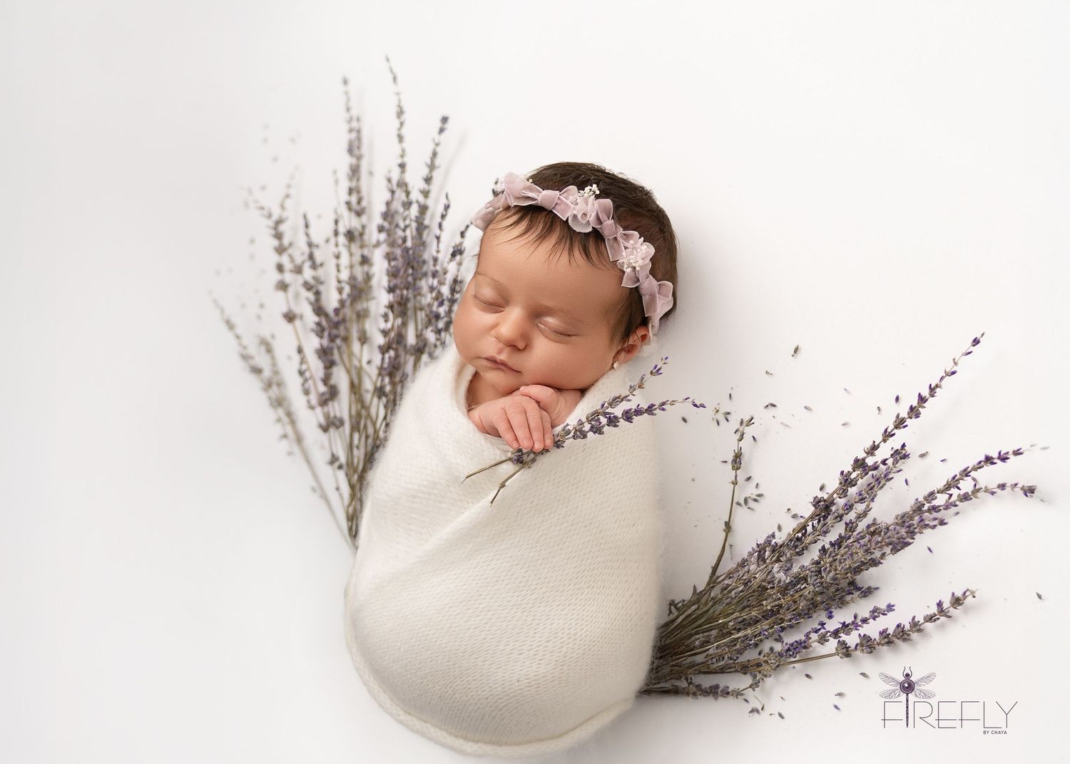 Delicate newborn photography with dried lavender sprigs and cream wrap on white background.