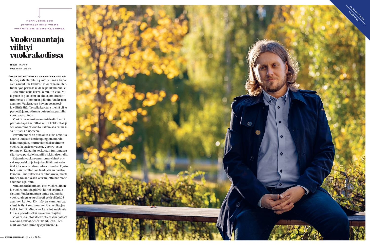 Lehtijuttu, mies istuu ulkona parvekkeen kaiteella, taustalla syksyinen puistomaisema.