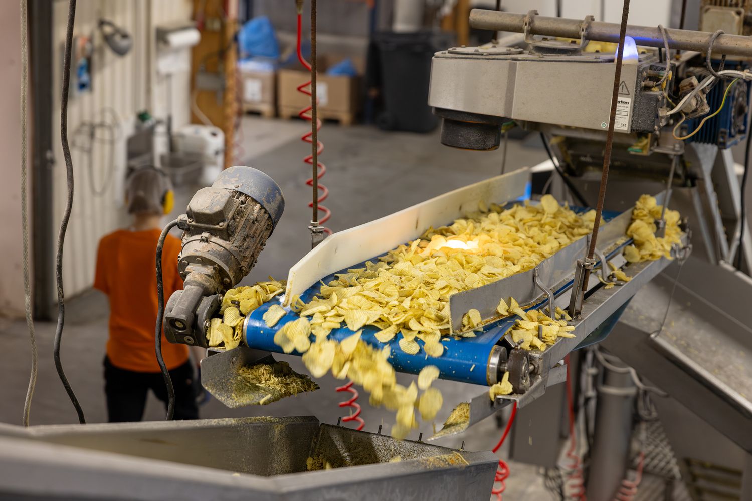 Industrial potato chip production line with yellow chips on conveyor belt in a food processing factory.