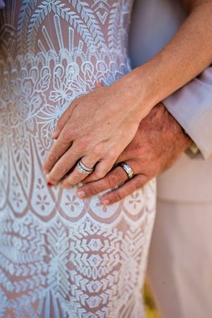 Close-up view of hands wearing wedding rings against an intricate white lace dress pattern.