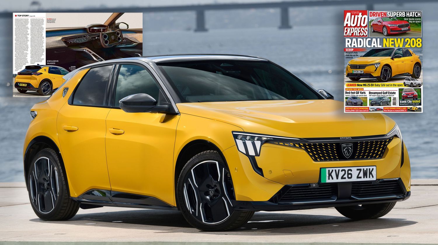 Bright yellow Peugeot 308 crossover parked on a street with Auto Express magazine cover visible in background.
