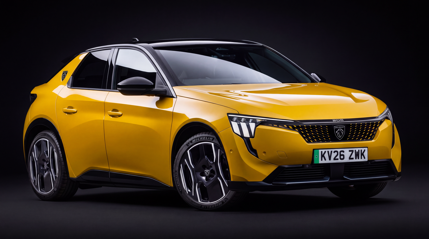 Bright yellow Peugeot 308 crossover parked on a street with Auto Express magazine cover visible in background.