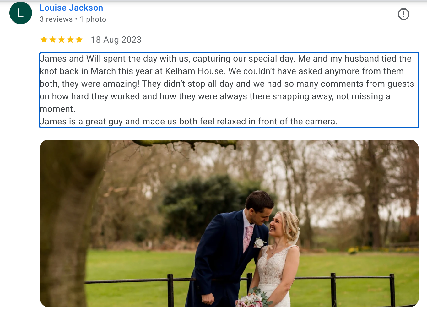 A social media review post with wedding photo and positive customer feedback.