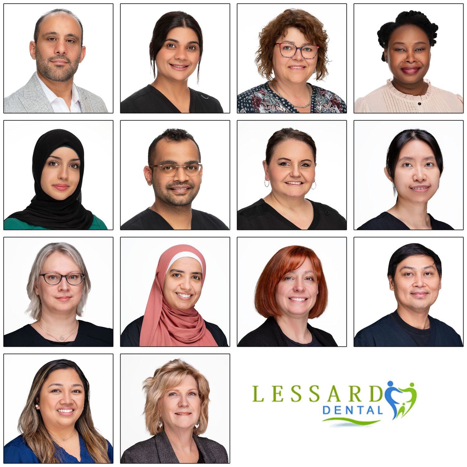 Professional headshot collage of diverse dental office staff members wearing business attire against neutral backgrounds.