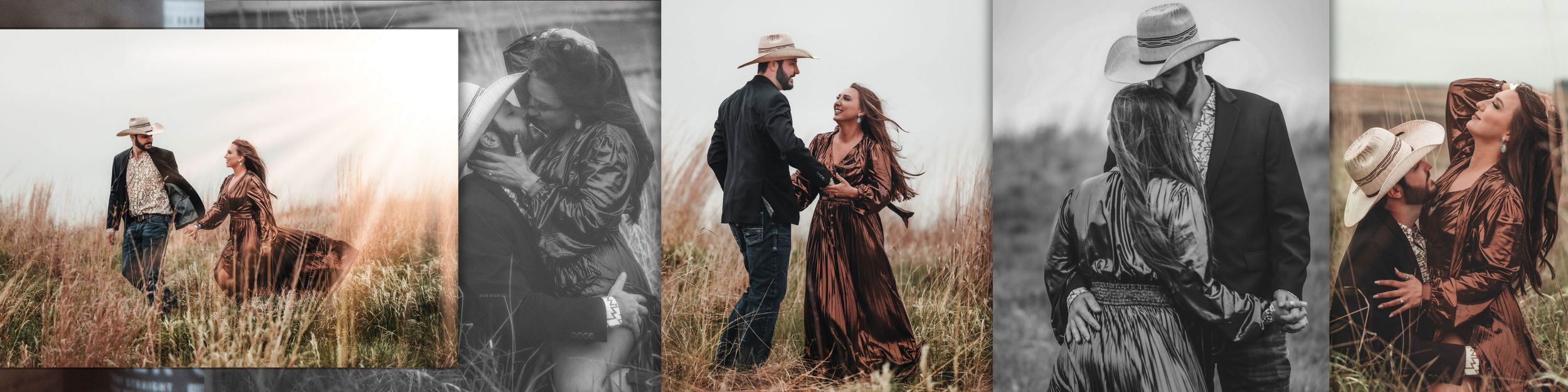 Couple sharing romantic moments together in rustic outdoor settings across multiple black and white filtered photos.
