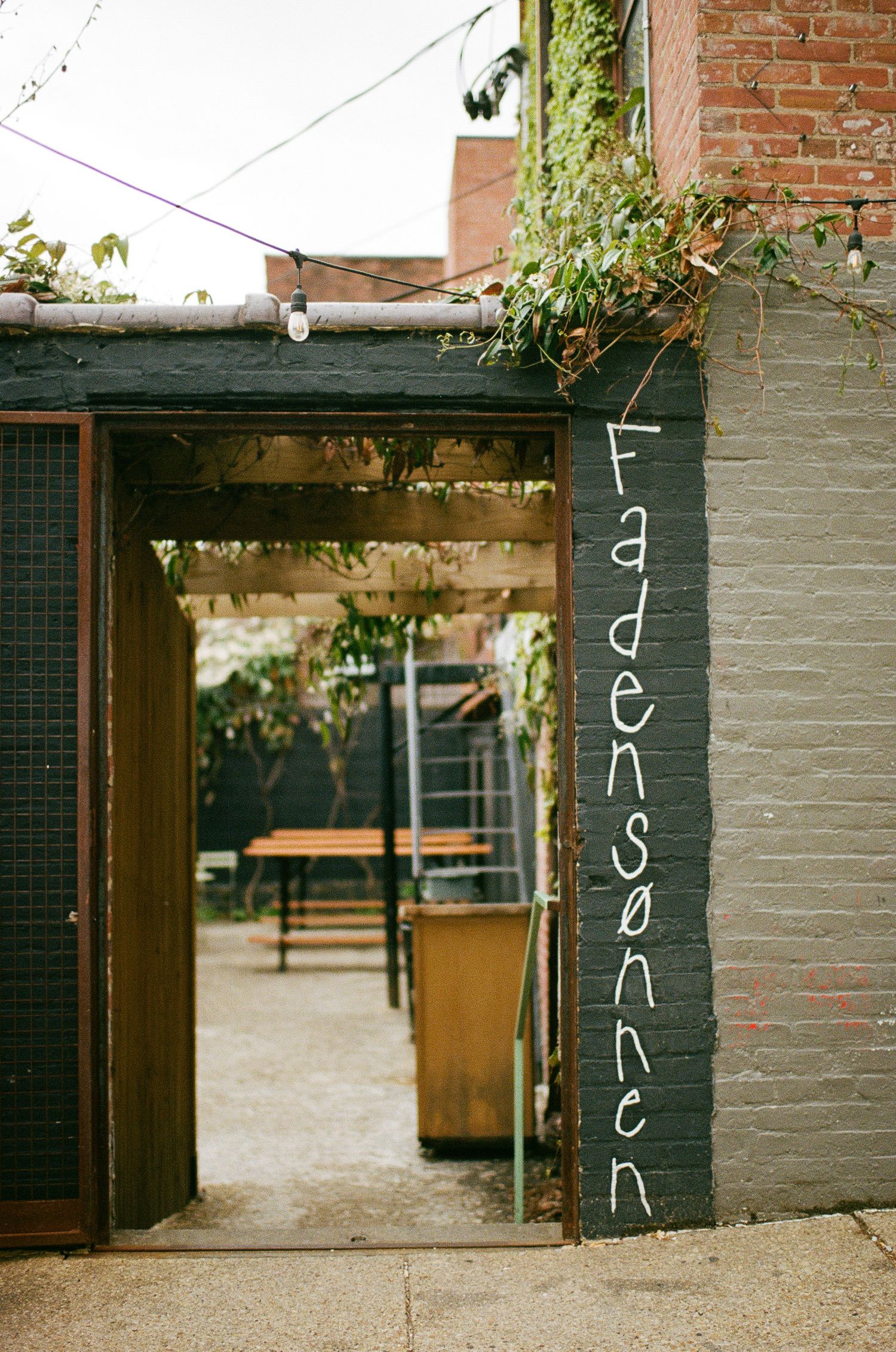 A rustic brick wall with 'Fadensonnen' written vertically in white letters beside a wooden doorway with vines. in Baltimore