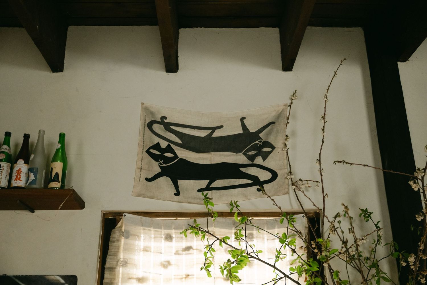 Black artistic cat design on fabric hanging above potted plants and wine bottles on wooden shelves against white wall.