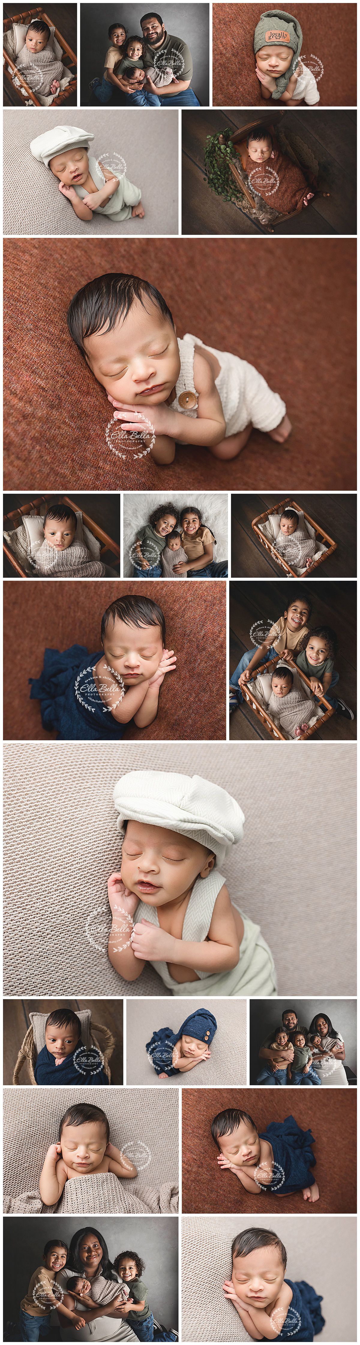 Professional newborn photography collection showing sleeping baby in various poses with navy and neutral tones.