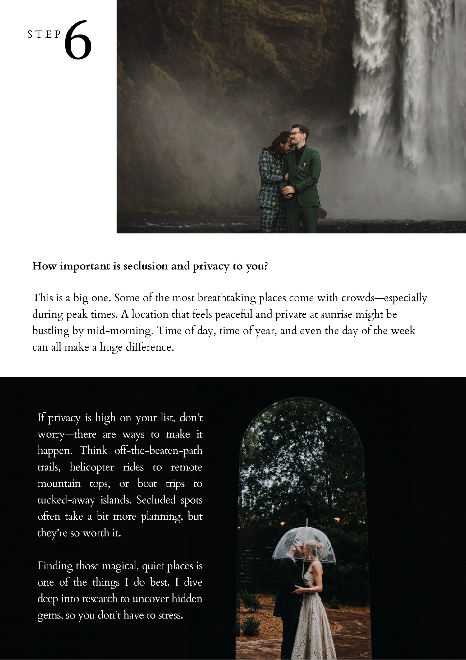 Two black and white wedding photos show couples embracing near waterfalls in misty romantic settings.