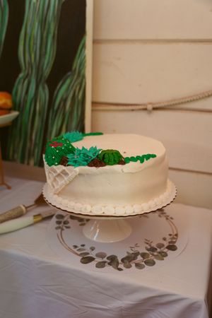 White wedding cake decorated with green succulents on a decorative cake stand.