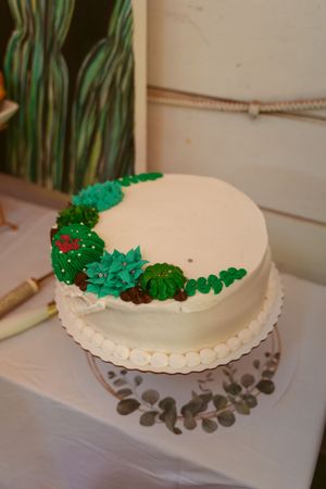 White frosted cake adorned with green holly leaves and red berries for holiday celebration.