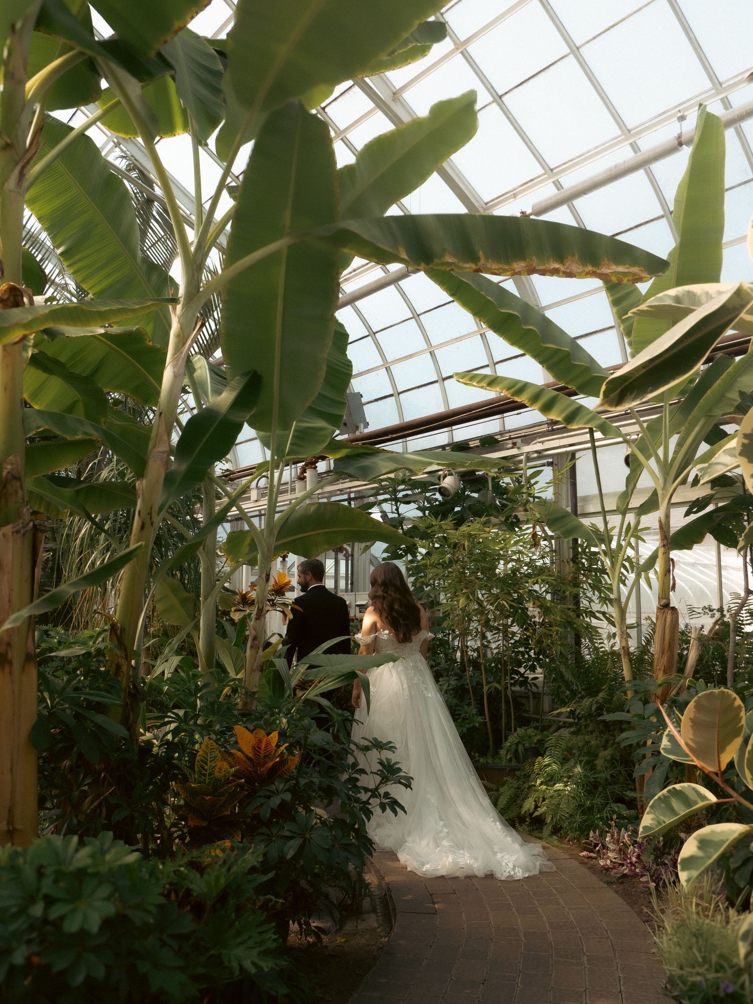 A bride and groom walk through a greenhouse filled with tropical plants and natural light.