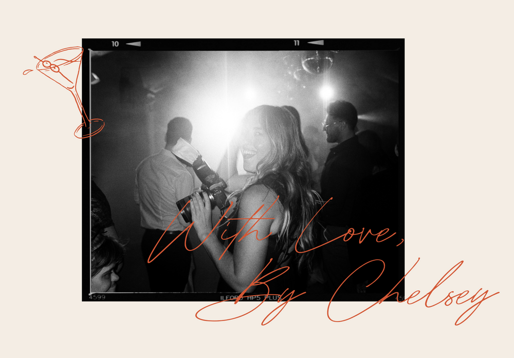 Black and white party photo with dancing silhouettes overlaid with orange script text.