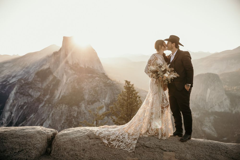 Wedding photography sequence at sunset showcasing a couple with Half Dome in Yosemite National Park.