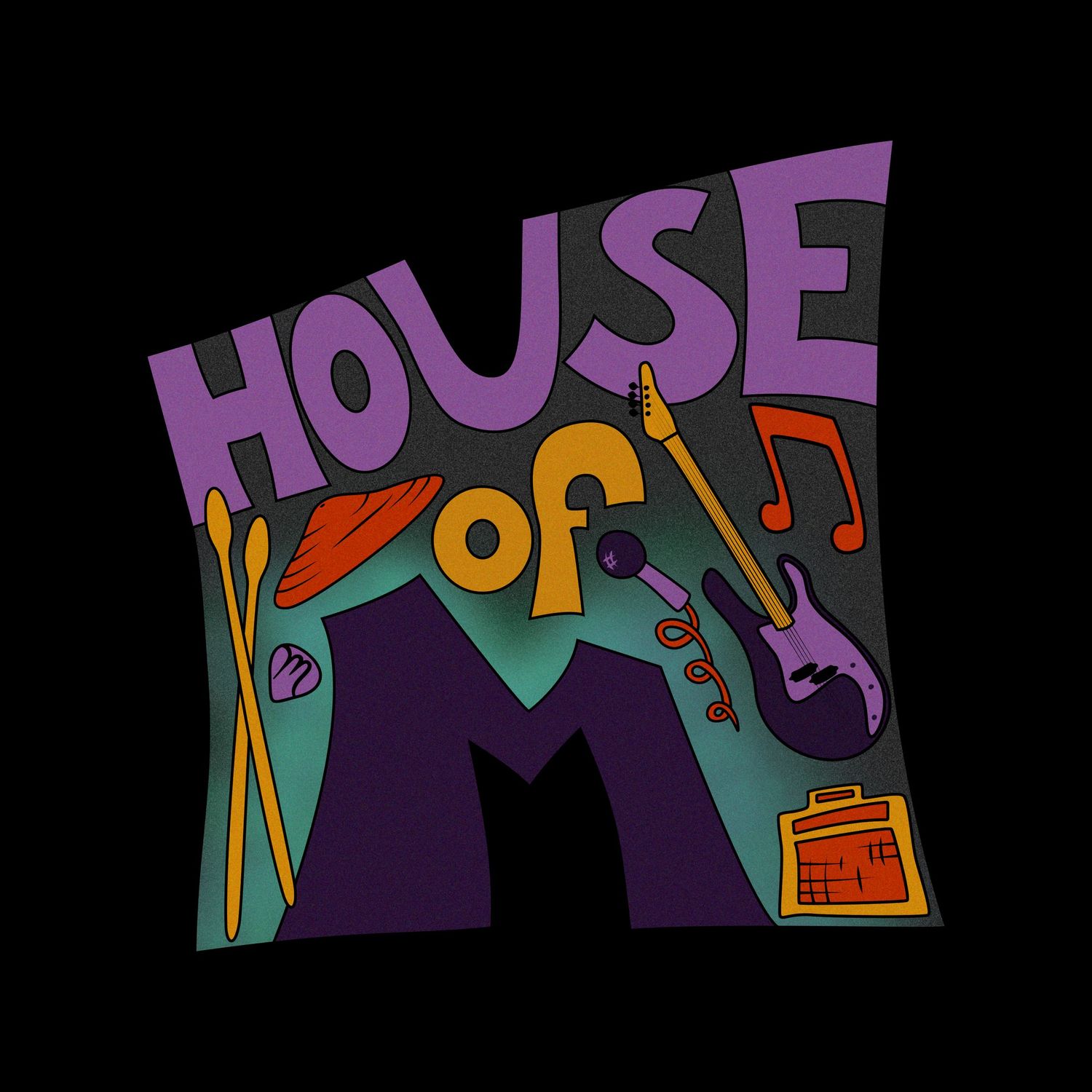 A colorful retro music design with "HOUSE OF" text featuring musical notes, drumsticks, and a guitar in purple and orange.
