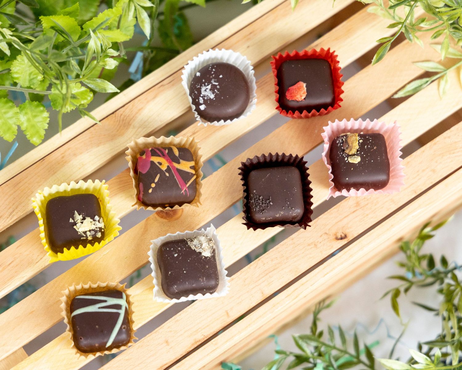 A sequence of homemade dark chocolate squares with various toppings arranged on a wooden surface among green leaves.